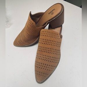 Susina Tan Perforated Mules with Stacked Heel